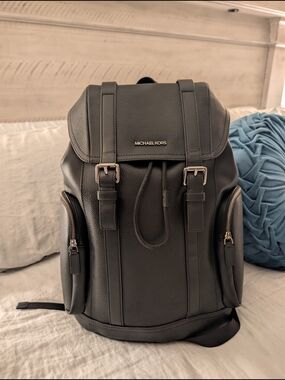 Michael Kors Cooper Black Pebbled Leather Flap Backpack Laptop Bag $498